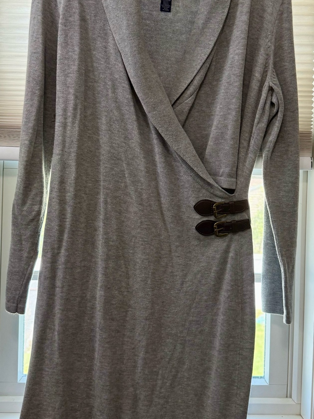 Chaps Gray Long-Sleeve Knit Wrap Dress with Buckle Accents